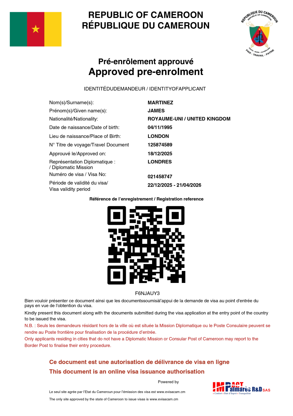 Approved Cameroon eVisa Sample