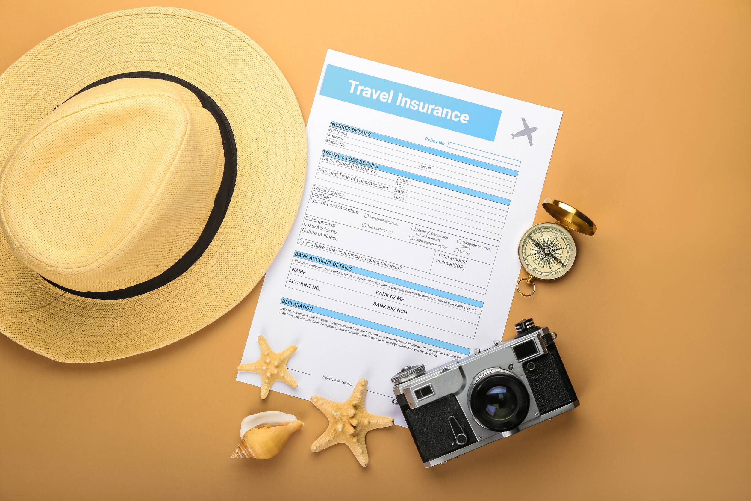 Composition With Travel Insurance And Camera On Color Background