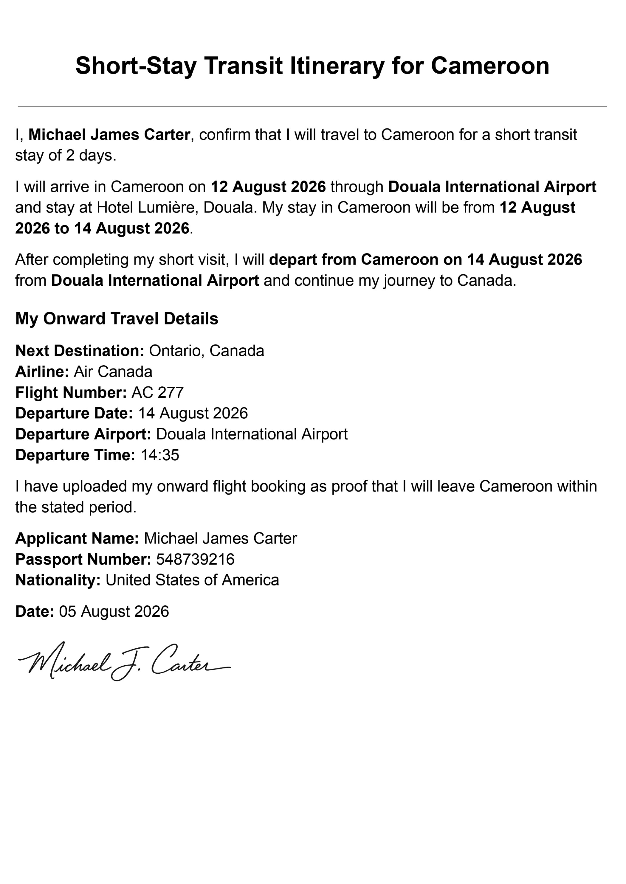 Sample Of Additional Proof Of Continued Travel