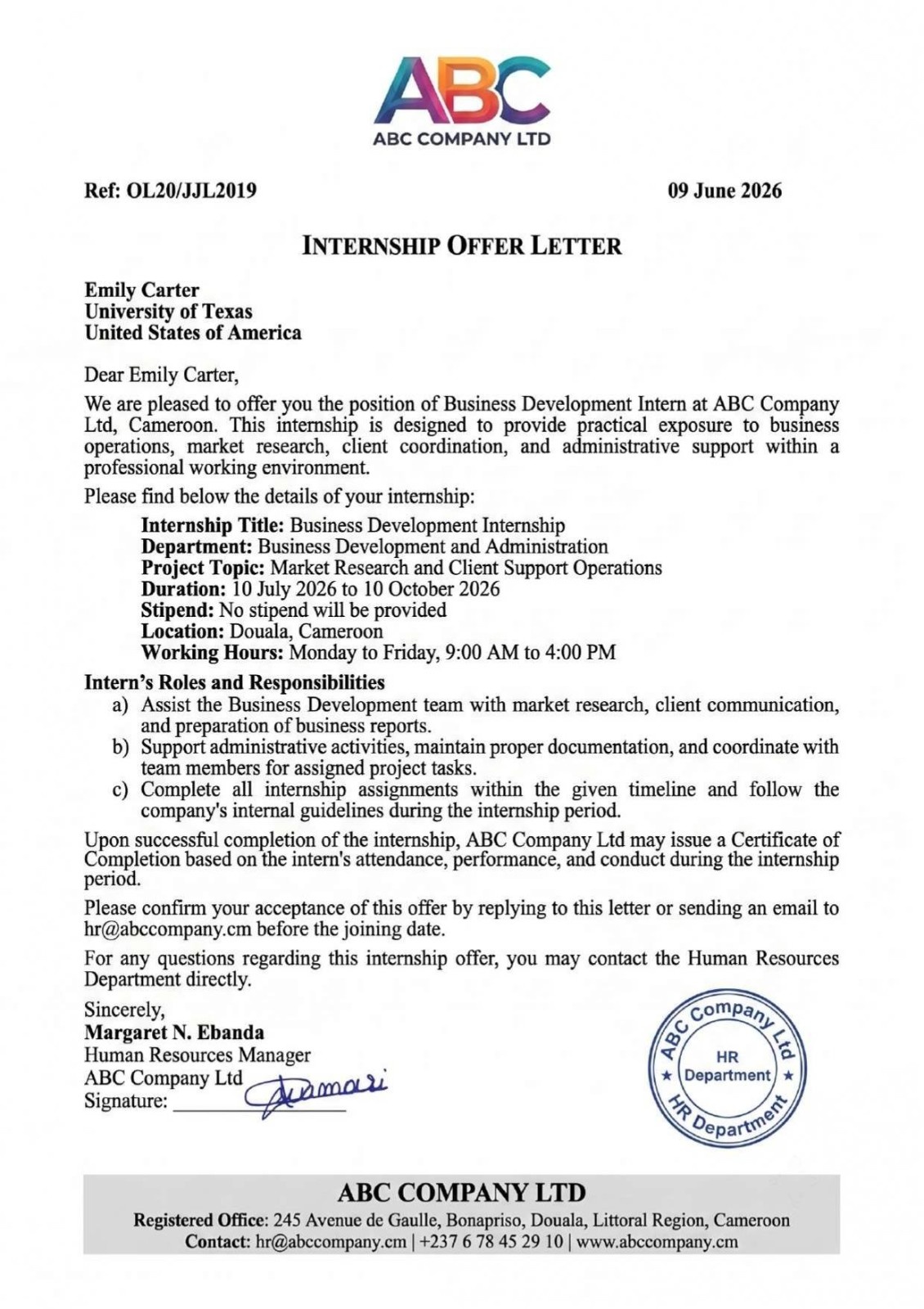 Sample Of Internship Offer Letter