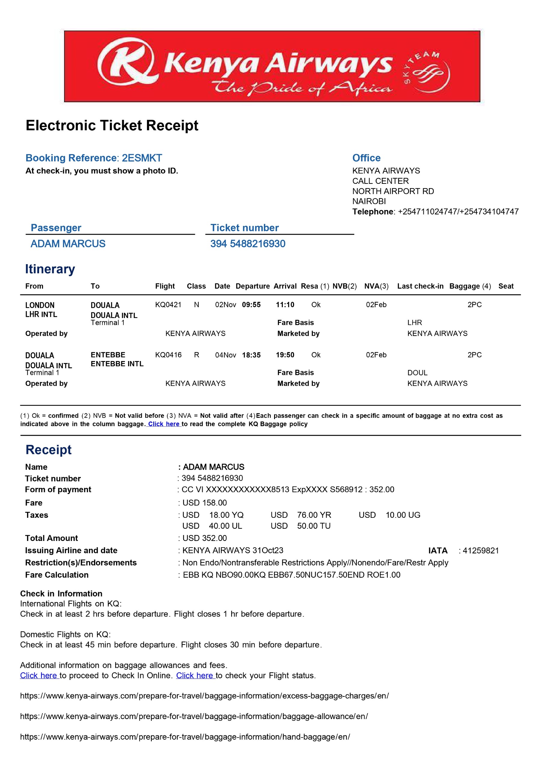 Sample of Onward Flight Ticket
