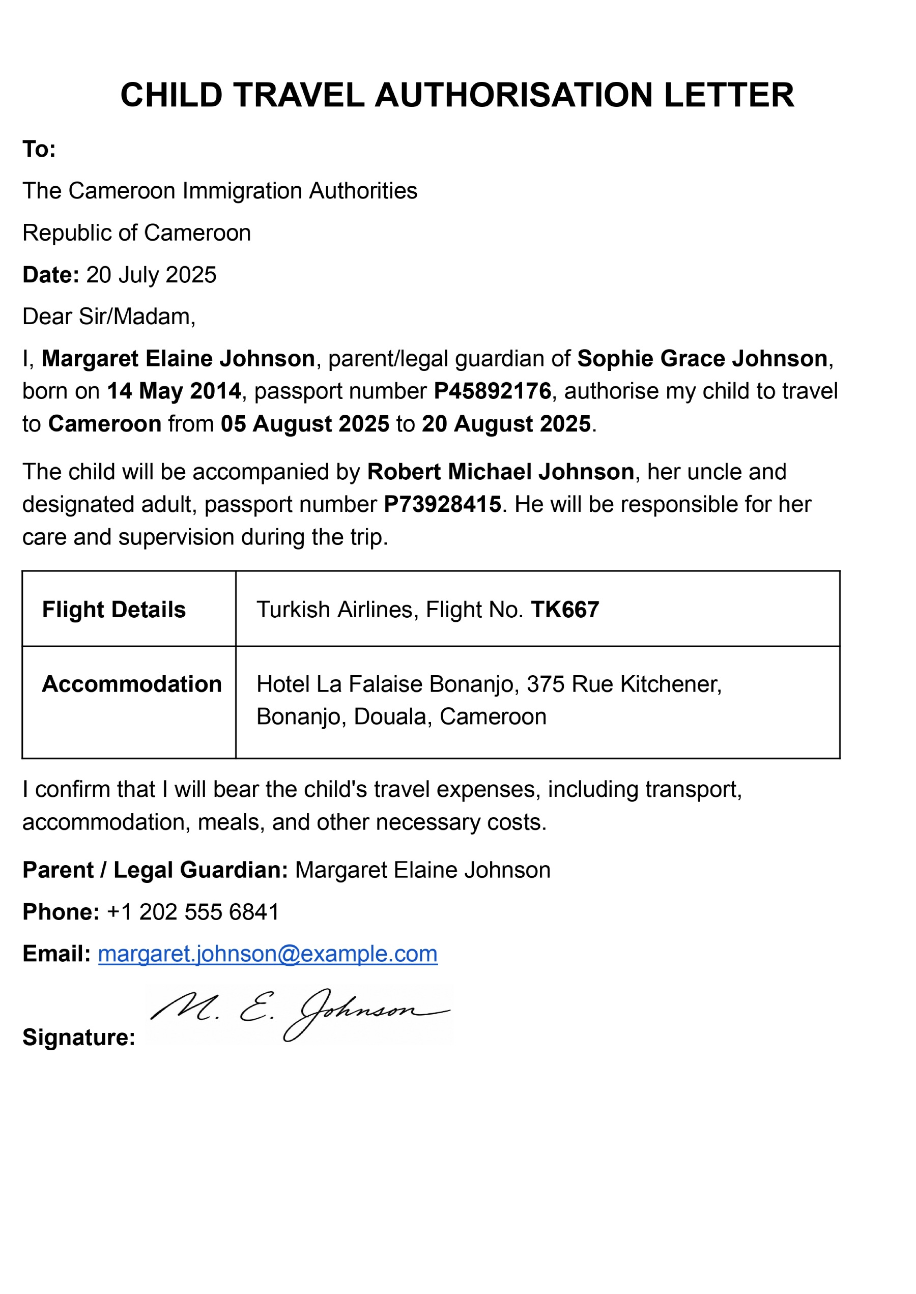 Sample Of Signed Authorisation From A Parent