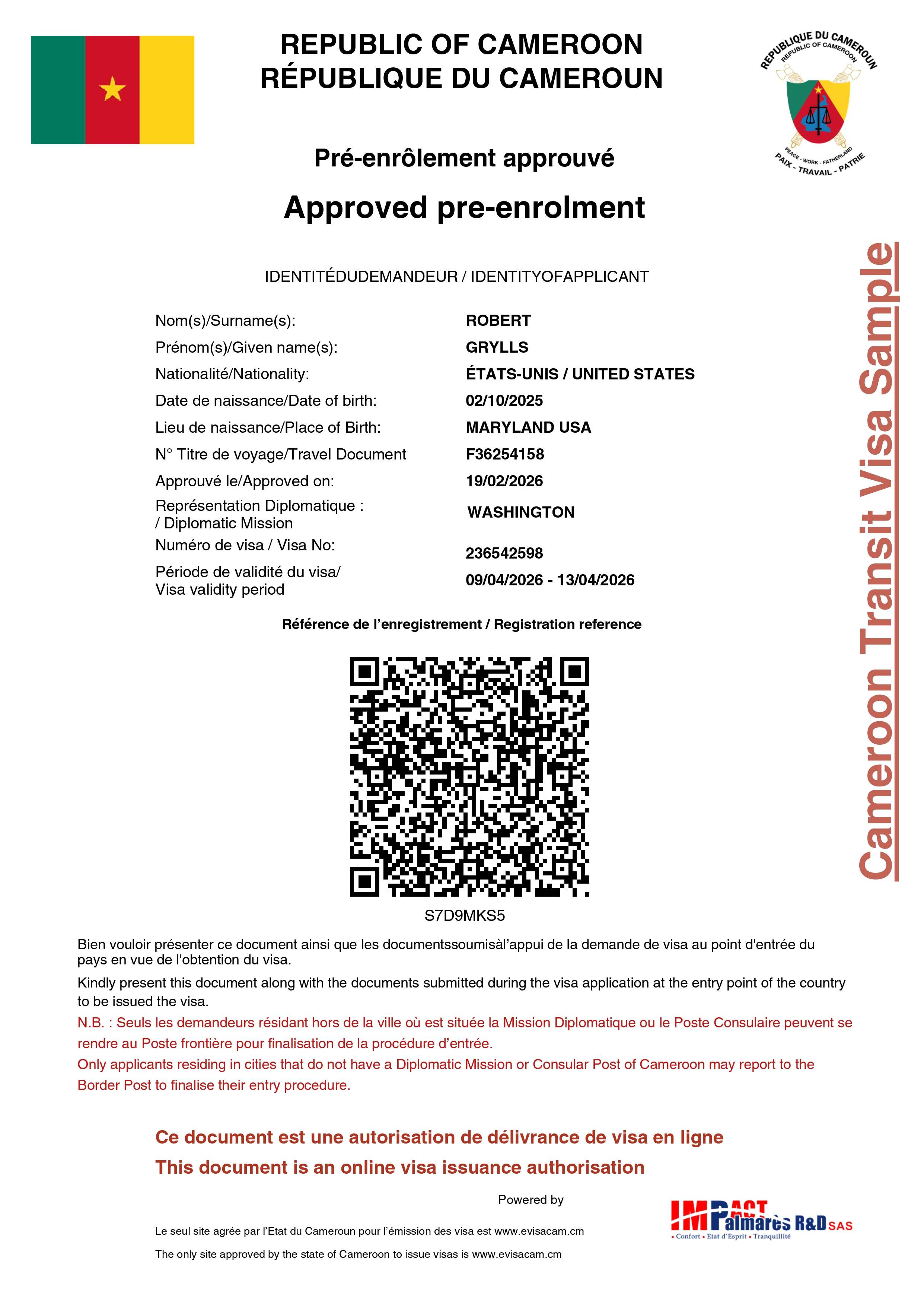 Approved Cameroon Transit eVISA Sample