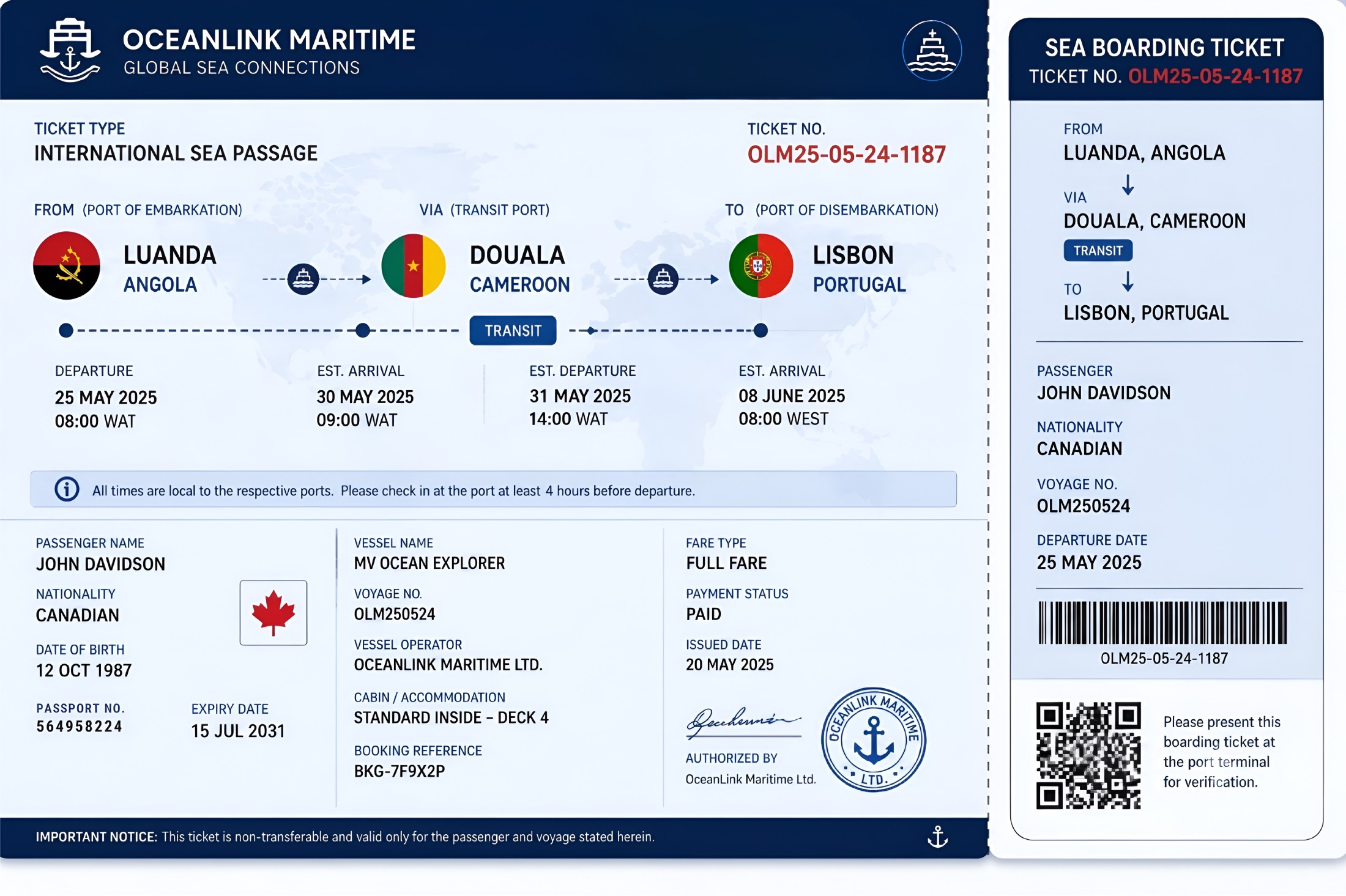 Valid Sea Boarding Ticket Sample